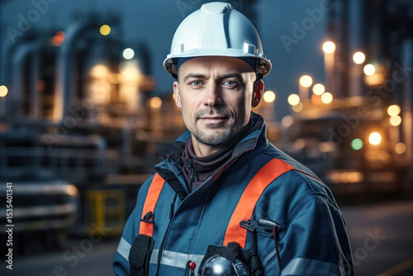 Fototapeta Confident male industrial worker in protective gear and helmet stands at a plant or factory site during evening, ready for his shift in a high-tech environment.
