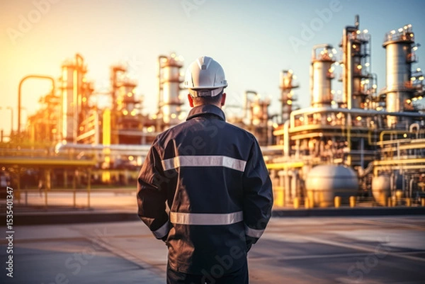 Fototapeta A worker in protective gear inspects a large industrial refinery at sunset, showcasing complex pipes and structures.