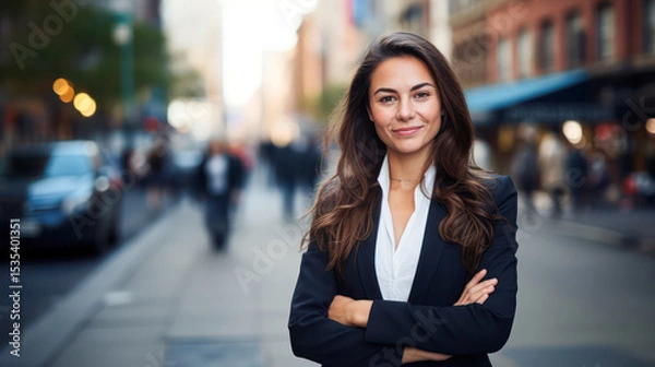 Fototapeta Confident young woman with long hair, dressed in business attire, stands with arms crossed on a city street with blurred pedestrians and buildings in the background.