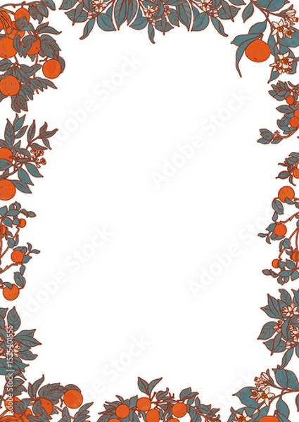 Fototapeta Oranges and tangerines illustration rectangular frame. Square fruit summer border for decor design. Citrus garden trees card template and provence photo