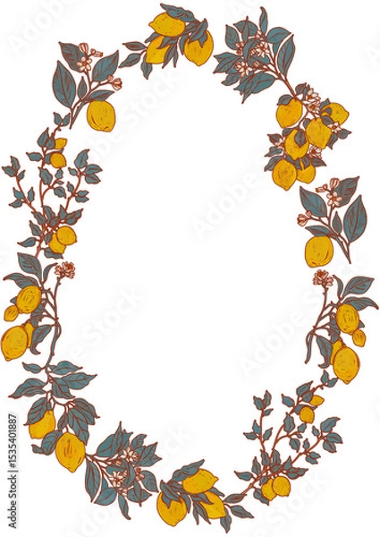Fototapeta Lemons illustration round frame. Oval lemonade fruit summer border for decor design. Citrus garden trees card template and provence photo