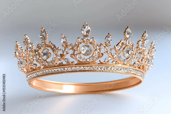 Fototapeta Intricate gold crown with sparkling gems, resting on a soft white surface