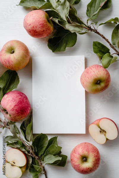 Fototapeta top view of white blank card surrounded by apples, branches and leaves