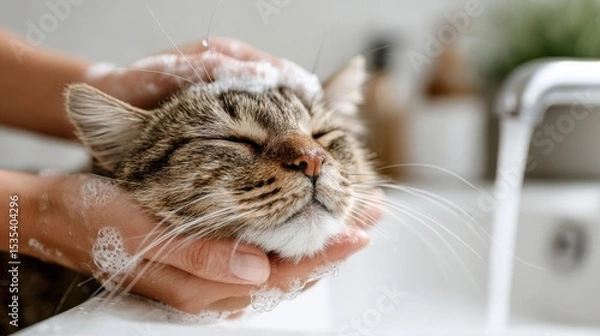 Fototapeta A tabby cat enjoys a soothing bath, its face lathered with soap, eyes closed in contentment as it gets washed.