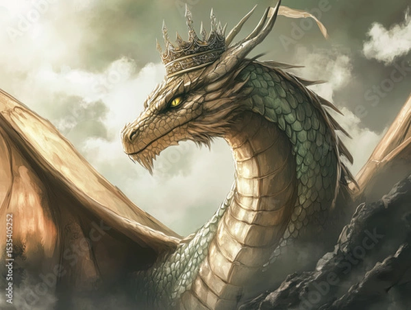 Obraz Crowned Dragon with Emerald Scales in Regal Fantasy Landscape