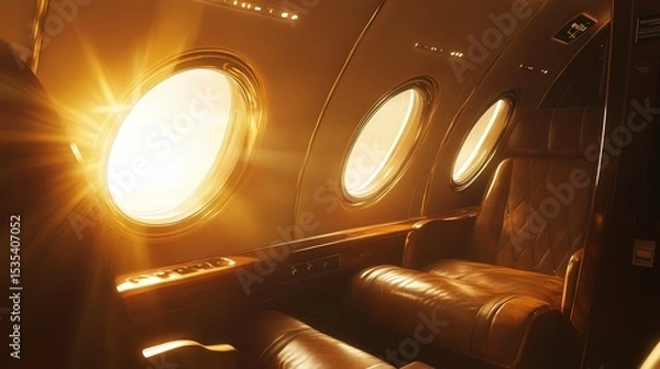 Obraz Sunlight streams through the large windows of a business jet, bathing the leather seats and wooden panels in a rich, golden light, enhancing the feeling of luxury.