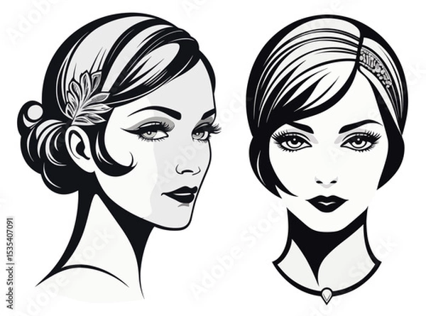 Obraz Gatsby glitz detailed side part up-do hair and One side bangs short bob with bejewelled headpiece in the Gatsby style era of 1920s