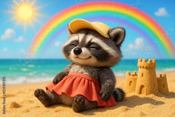 Obraz Raccoon Relaxing on the Beach with Rainbow and Sandcastle in Summer Sun