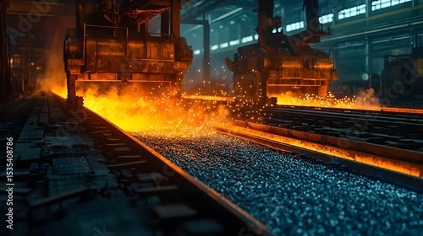 Fototapeta Molten aluminum flows intensely along industrial tracks within a massive smelting plant showcasing the raw power and precision of modern aluminum production.