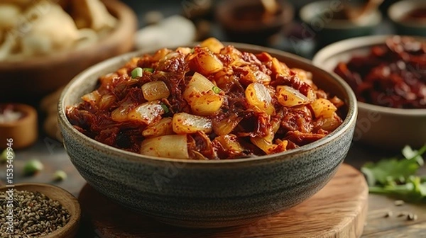 Fototapeta A bowl of spicy kimchi featuring fermented cabbage and chili flakes, served in a rustic setting with ingredients blurred in the background.