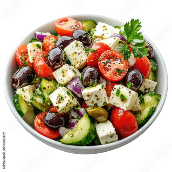 Fototapeta Fresh vegetable salad with feta cheese, olives, and herbs mixed in a bowl, isolated on transparent background, cutout PNG