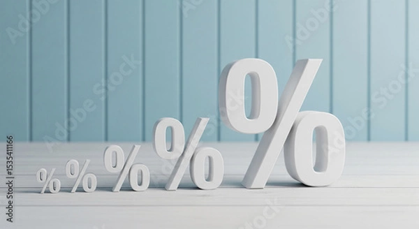 Fototapeta White percentage symbols of varying sizes on a light wood surface against a pale blue background Showcase for discount offers, sale, or financial concepts