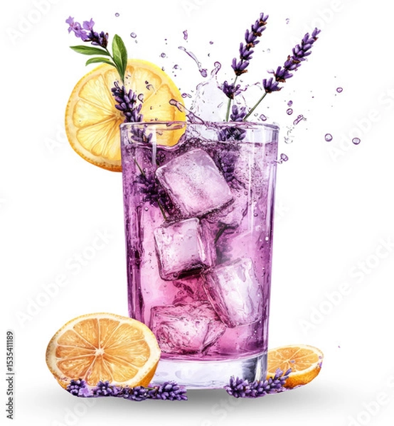 Fototapeta Refreshing lavender lemonade with ice cubes, lemon slices, and lavender flowers isolated on transparent background, cutout PNG