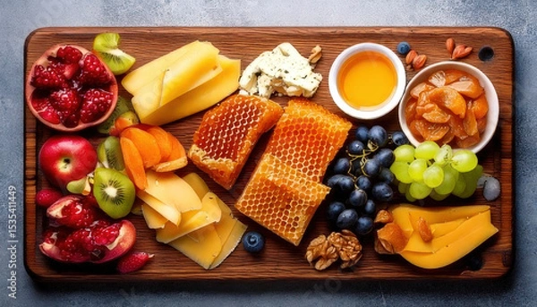 Fototapeta Gourmet breakfast board featuring honeycomb, assorted fruits, cheeses, and nuts, beautifully arranged for delightful presentation