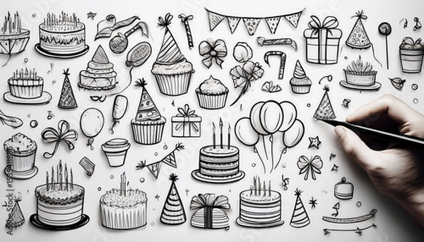 Fototapeta Hand drawn doodles of birthday party elements, including cakes, balloons, and decorations, create festive atmosphere