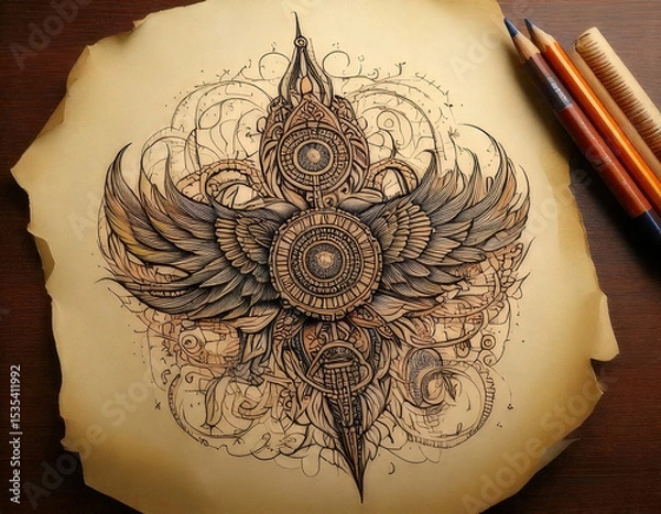 Fototapeta Hand drawn tattoo design featuring intricate ornamental line art with wings and central compass motif parchment. This artwork evokes sense