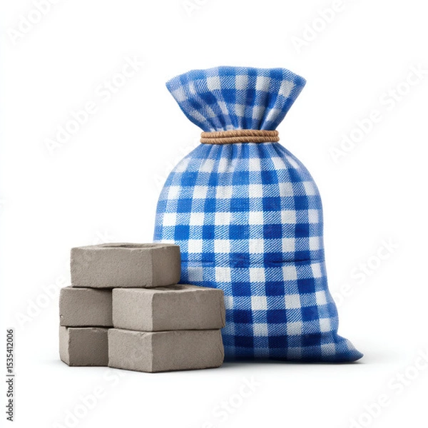 Fototapeta Bag of cement with bricks white background, construction material for building projects, sturdy and practical, with checkered