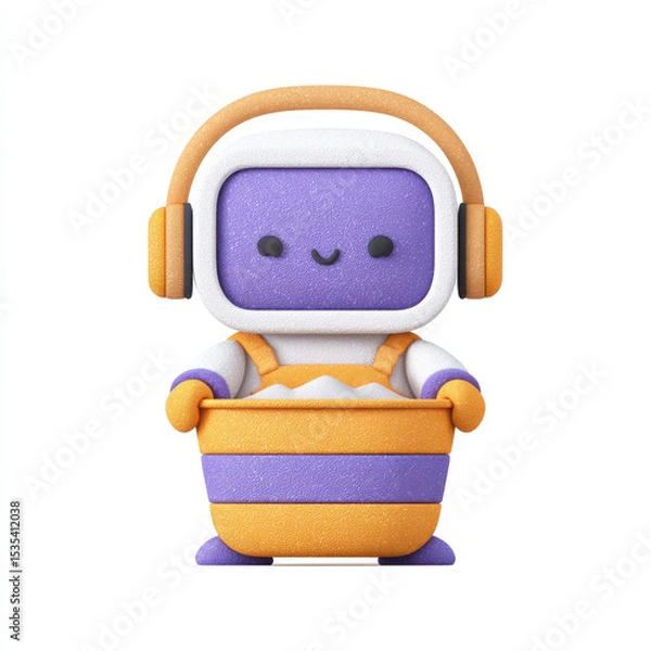 Fototapeta Cute colorful robot figure with smiling face wearing headphones holding striped container made of textured foam material