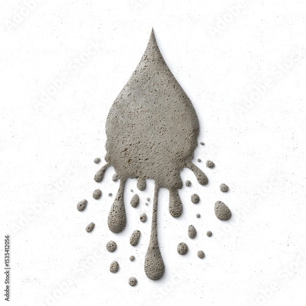 Fototapeta Concrete powder shaped like water droplet with splashes around it, white background, creating textured and artistic visual