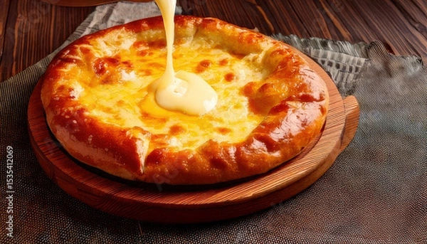 Fototapeta Delicious Georgian khachapuri with oozing cheese on wooden board, showcasing its golden crust and rich filling, perfect for sharing