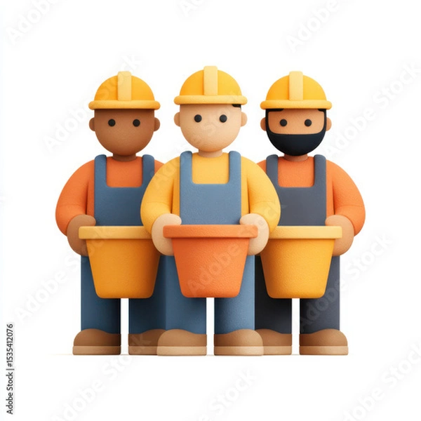 Fototapeta Construction workers figurines with helmets and toolboxes, representing teamwork and manual labor, set against white background