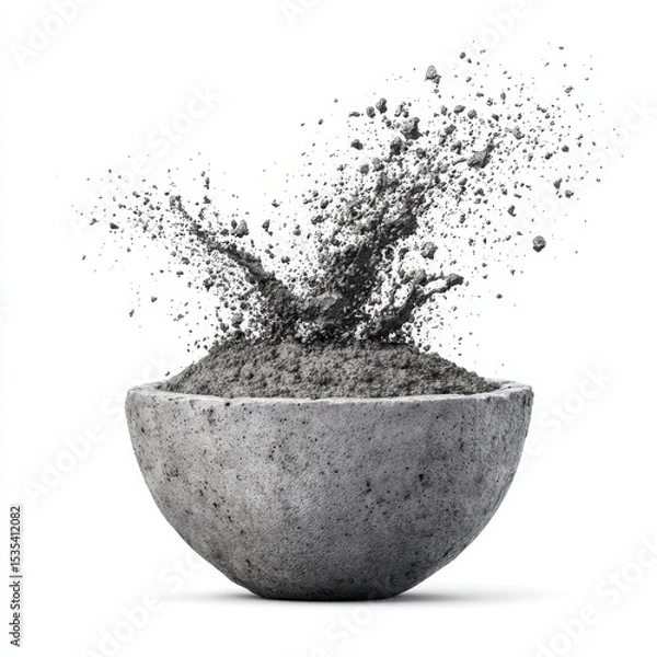 Fototapeta Gray powder splashing out of stone bowl, creating dynamic and energetic scene with dust particles flying in various directions
