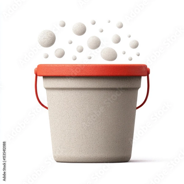 Fototapeta Minimalist illustration of bucket with red handle, filled with bubbles or foam, against white background, evoking clean