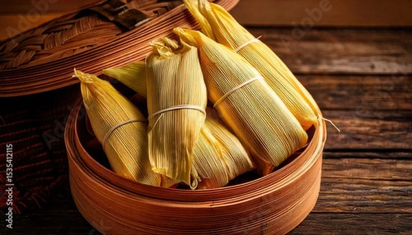 Fototapeta Delicious tamales wrapped in corn husks, resting in wooden steamer, showcasing ancestral cooking method that evokes warmth and tradition