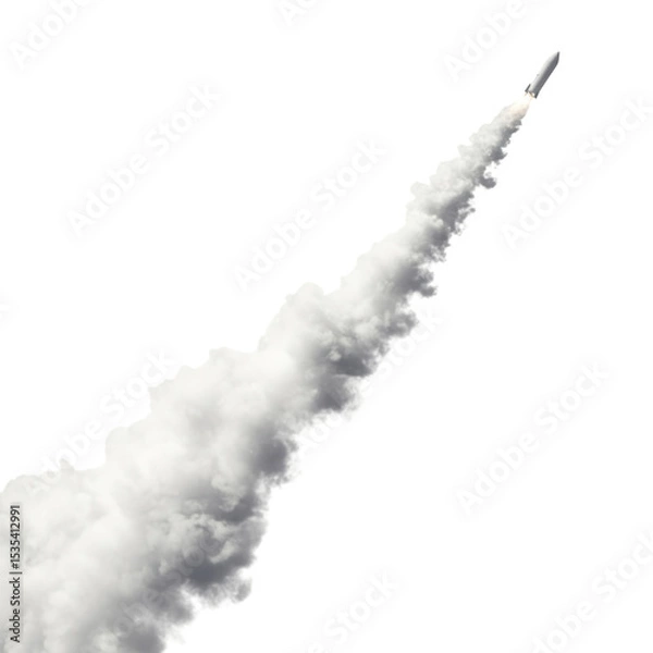 Fototapeta Rocket shooting into the sky, leaving a trail of smoke, isolated on transparent background, cutout PNG