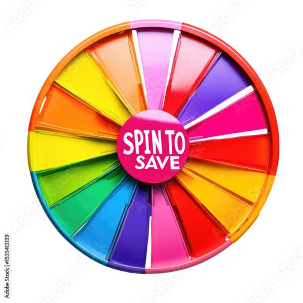 Fototapeta Colorful spinning prize wheel with vibrant sections and bold lettering inviting to spin for savings, transparent background, cutout PNG