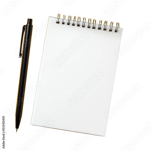 Fototapeta Spiral bound notepad and black pen on white background ready for notes and ideas transparent background, cutout PNG
