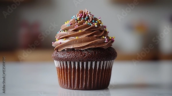 Fototapeta Chocolate cupcake with swirl frosting topping high resolution picture