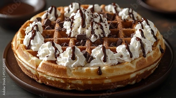 Fototapeta Chocolate waffle with cream topping high resolution picture