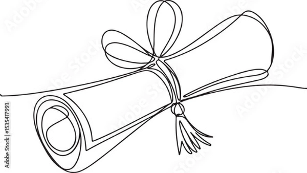 Fototapeta continuous line drawing of a rolled diploma with ribbon bow and tassel in black on white background