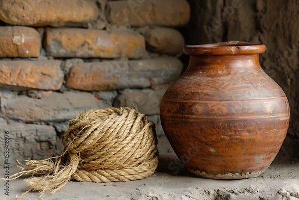 Fototapeta Clay pot with jute rope bundle high resolution picture