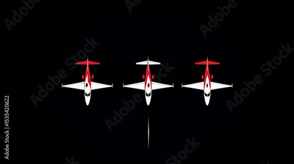 Fototapeta Three airplanes are flying in formation, with one red and two white. The image has a dark, moody atmosphere