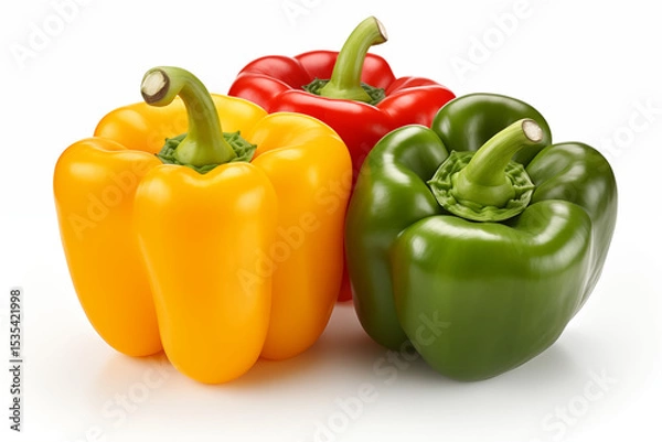 Fototapeta Fresh and bright bell peppers, yellow, red and green on a white background.