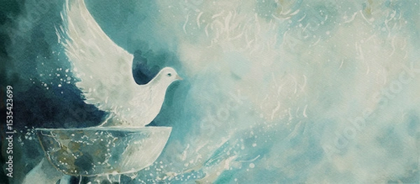Obraz Watercolor of Holy Spirit Dove Over Baptismal Font – Spiritual Christian Symbol