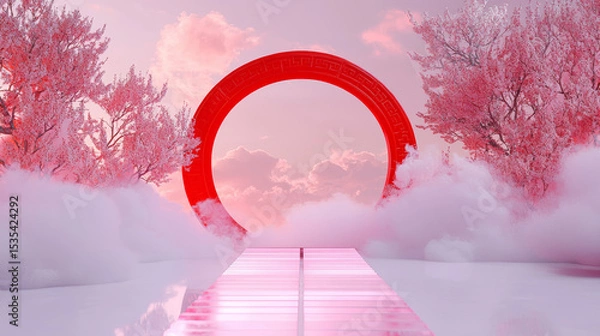 Fototapeta Surreal Landscape with Red Archway, Glowing Moon, and Pink Cherry Blossoms - Dreamy, Fantasy, Digital Art, Tranquil and Elegant Aesthetic with Clouds