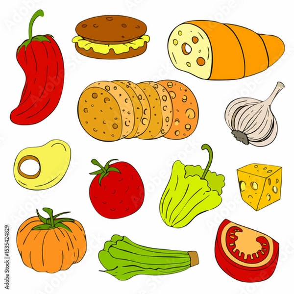 Obraz Assorted Vegetables Bread and Cheese IllustrationsVector