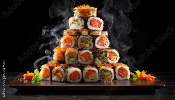 Fototapeta Luxurious sushi tower with vibrant colors and smoke effect, showcasing high end presentation and gourmet styling