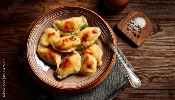 Fototapeta Homemade Polish pierogi served on rustic plate, topped with crispy onions, evoke warm and inviting atmosphere in cozy kitchen