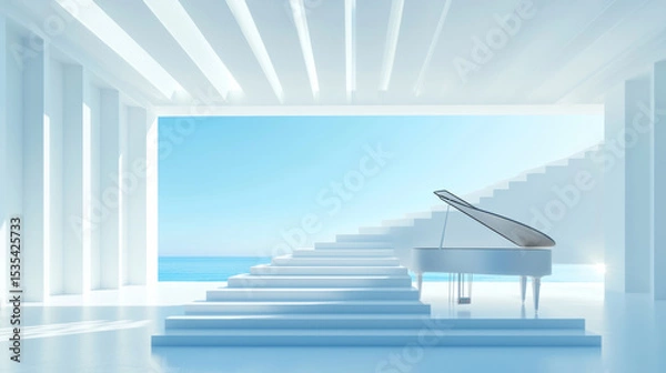 Fototapeta Minimalist White Interior with Grand Piano and Soft Lighting - Serene, Elegant, Digital Art, Clean Modern Architecture with Tranquil View