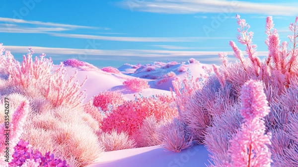 Fototapeta 3D surreal winter landscape with pink fluffy flowers and snow-covered mountains, ethereal magical scenery, vibrant colorful fantasy world, dreamy serene landscape with soft textures and tranquil atmos