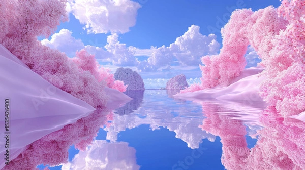 Fototapeta 3D surreal landscape with vibrant pink trees and calm reflective water, ethereal dreamy sky with clouds, peaceful fantasy world, serene tranquil environment with magical pastel tones