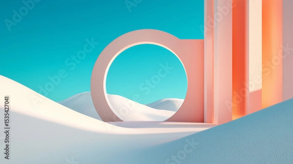 Fototapeta 3D minimalist futuristic architecture with smooth curved shapes and vibrant pastel colors, abstract surreal landscape, clean geometric design with soft lighting and tranquil atmosphere
