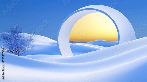 Fototapeta Surreal Winter Landscape with Glowing White Circle and Smooth Snowy Hills - Dreamy, Serene, Futuristic Digital Art with Abstract Elements