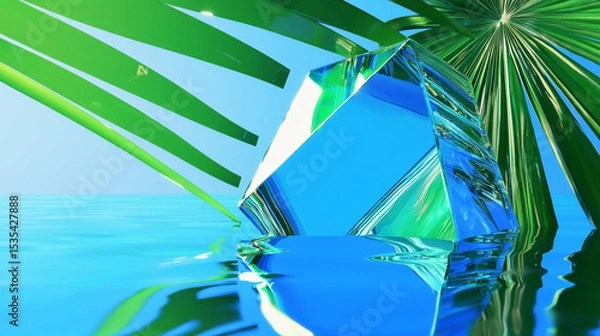 Fototapeta Crystal Surreal Digital Art of Shiny Blue Diamond with Palm Leaves and Glowing Reflection Vibrant, Modern, Elegant Aesthetic with Futuristic Design