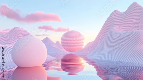 Fototapeta 3D surreal landscape with pink sun and reflective spheres, smooth mountain ranges and serene water, futuristic minimalistic design, dreamy tranquil environment with soft lighting and vibrant colors