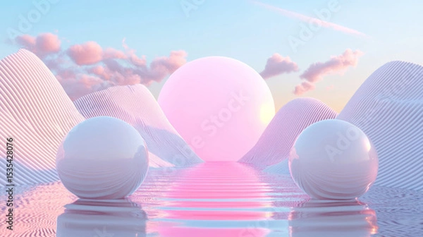 Fototapeta 3D surreal landscape with pink sun and reflective spheres, smooth mountain ranges and serene water, futuristic minimalistic design, dreamy tranquil environment with soft lighting and vibrant colors